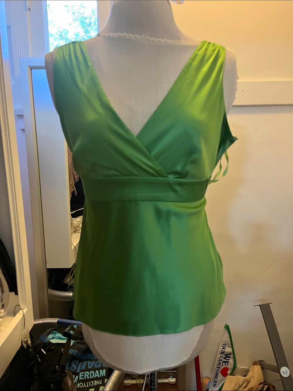 INC International Concepts Bright Green Satin V-Neck Camisole